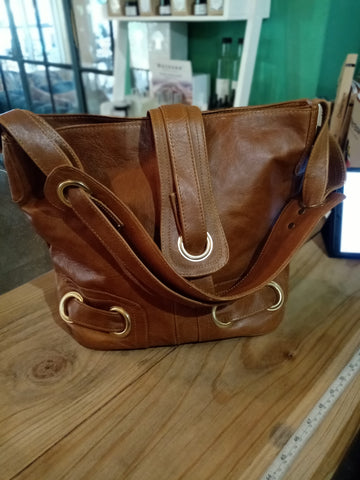 Leather Brown HandBag with Clips