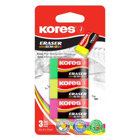 KORES KE-30 NEON ERASERS (3 PACK)