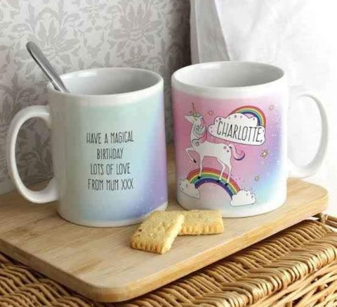 Personalised Rainbow and Unicorn Mug with a message